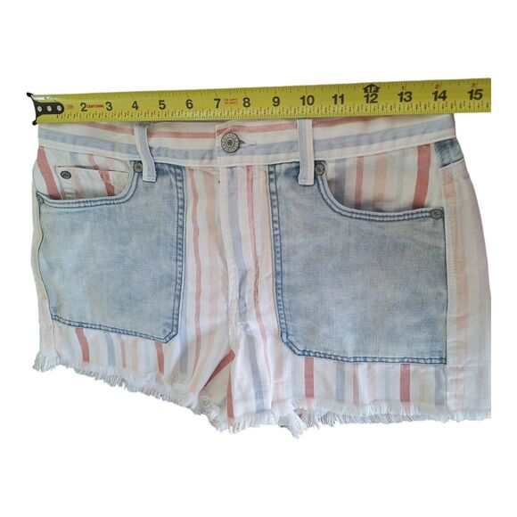 American Eagle High Rise Mom Jean Shorts Denim Pastel Striped Raw Hem Size 6 - Picture 4 of 13